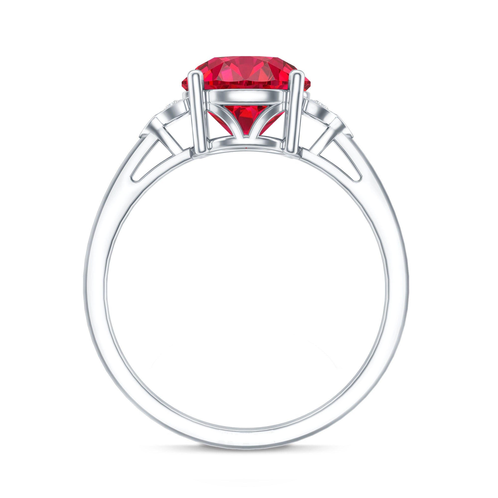 Lab grown ruby solitaire engagement ring with diamond trio side accents in silver setting