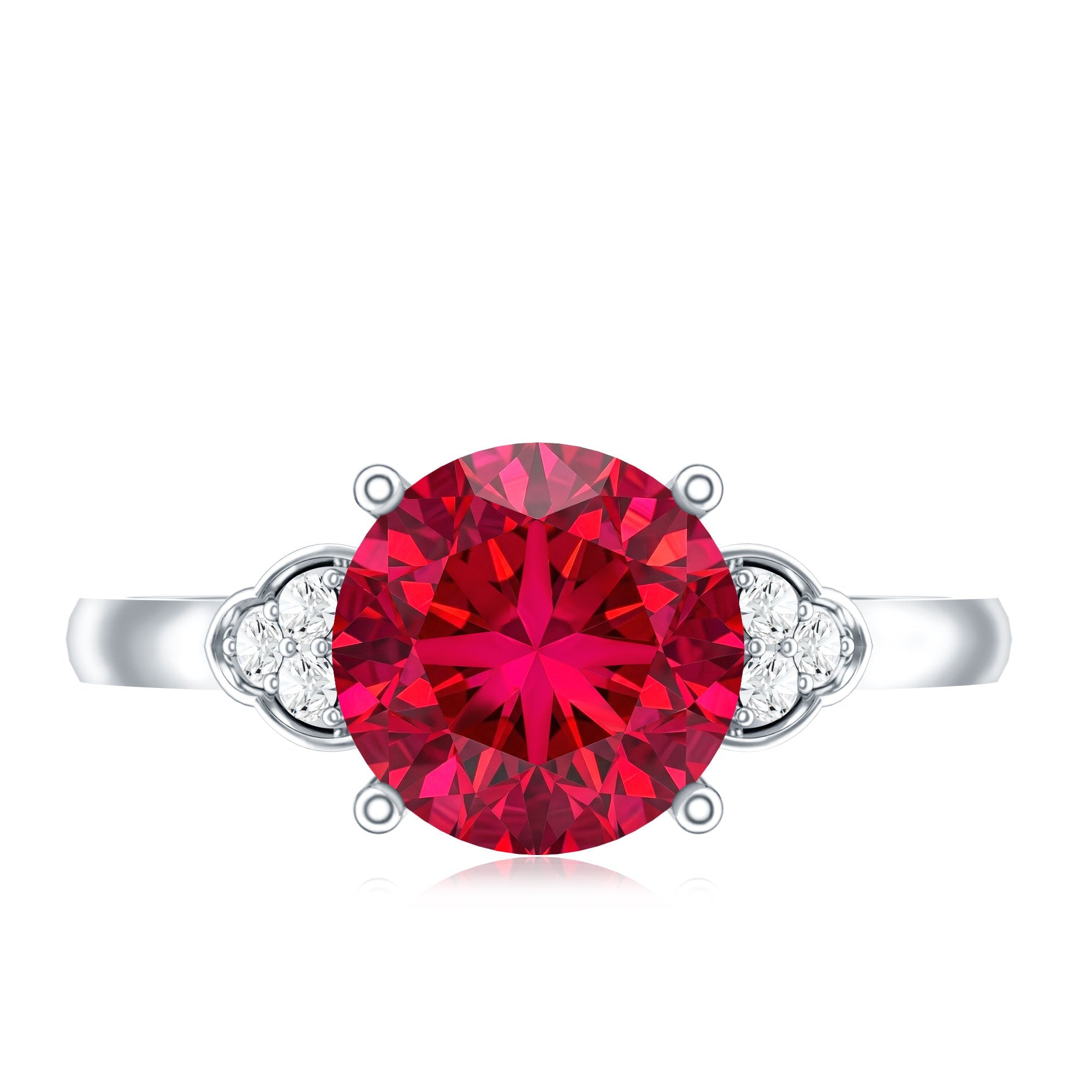 Lab grown ruby solitaire engagement ring with diamond trio on a silver band