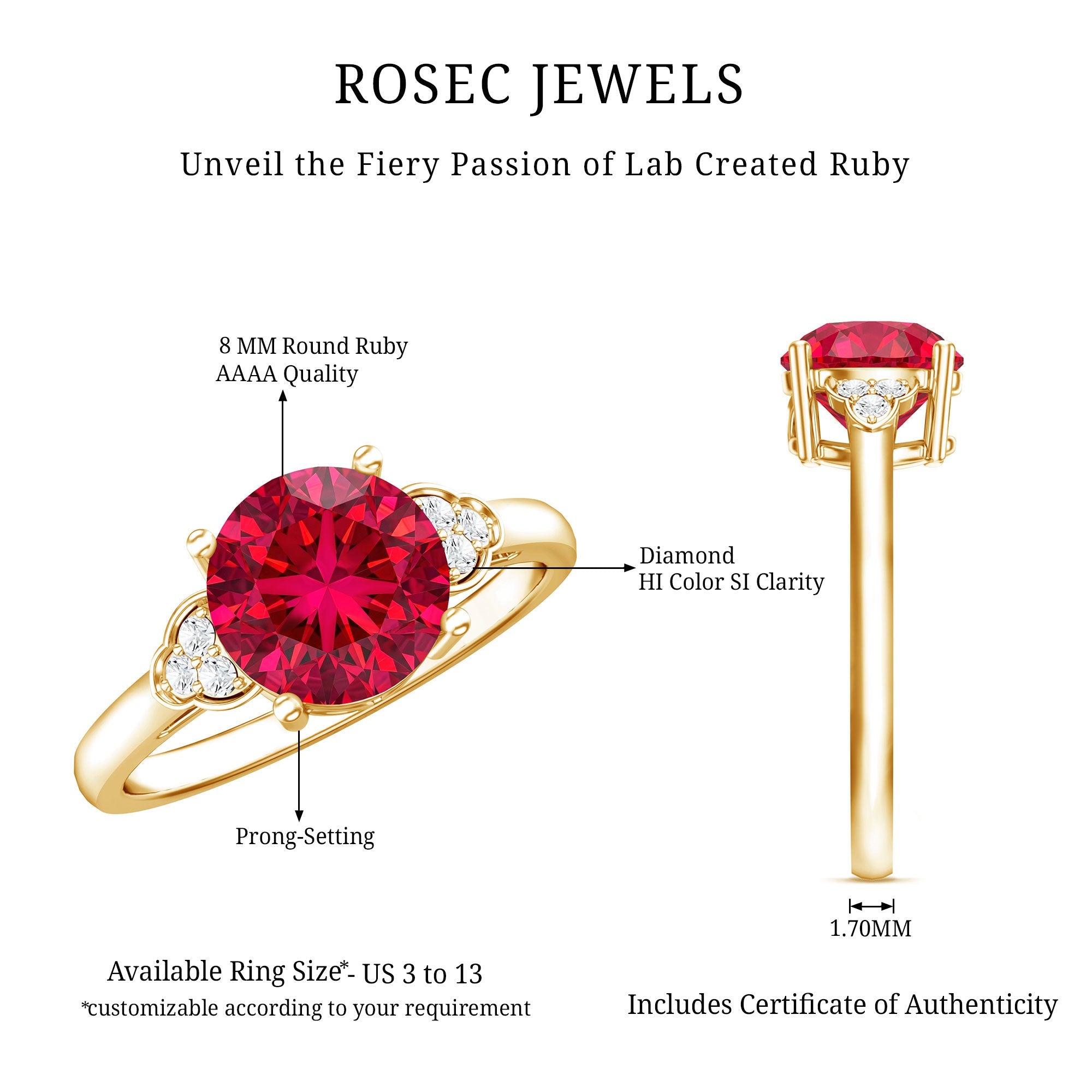Lab grown ruby solitaire engagement ring with diamond trio showing dimensions and prong setting details