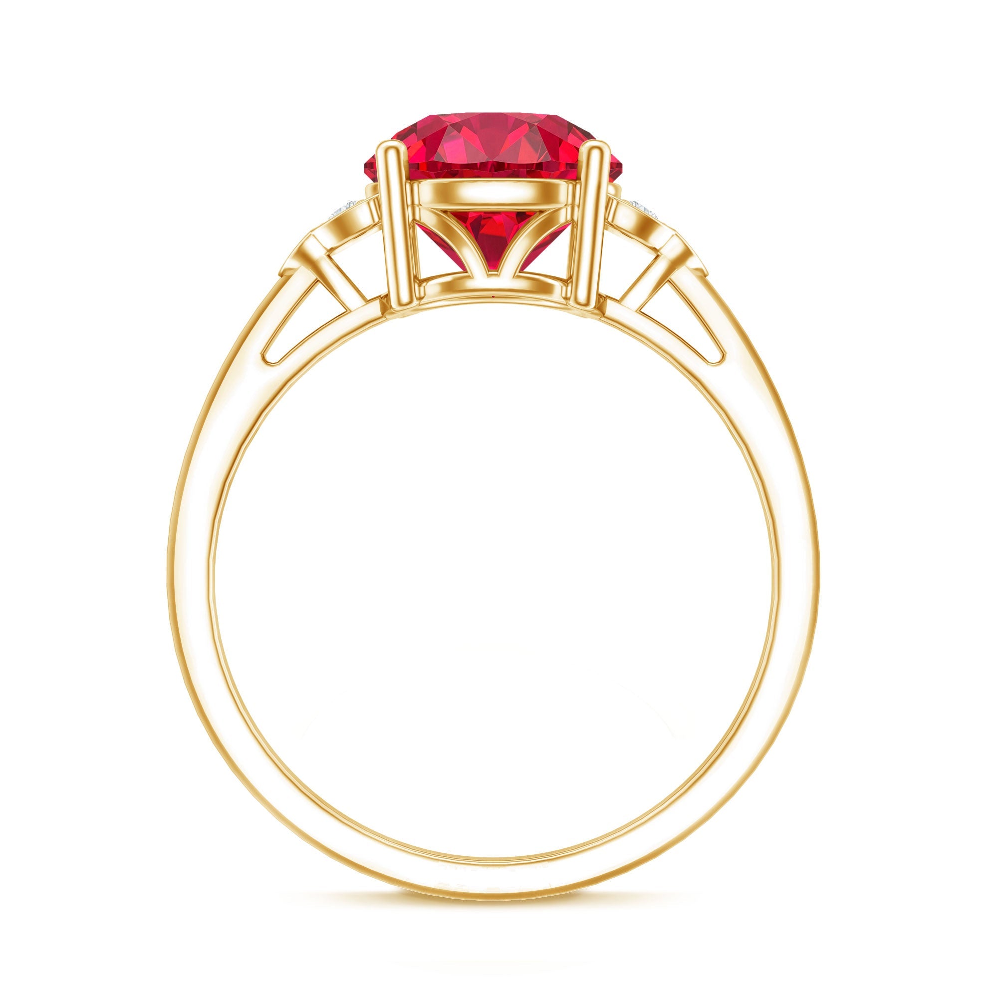 Lab grown ruby solitaire engagement ring with diamond trio in yellow gold
