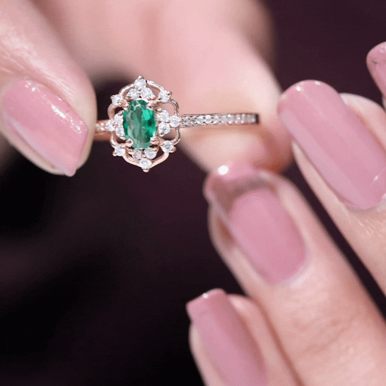 Oval Lab Grown Emerald Retro Engagement Ring With Diamond Accent Stones
