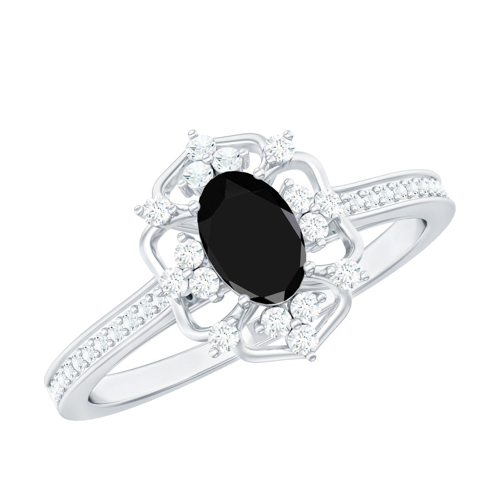 Vintage Looking Black Spinel Oval Engagement Ring with Diamond
