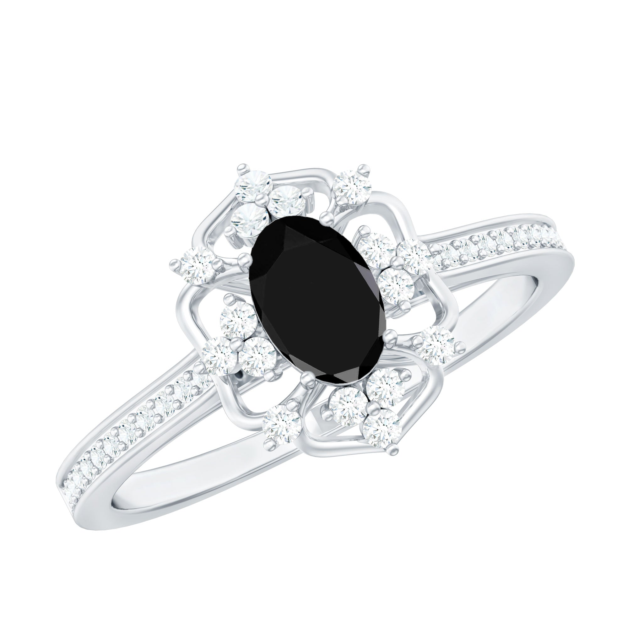 Vintage Looking Black Spinel Oval Engagement Ring with Diamond