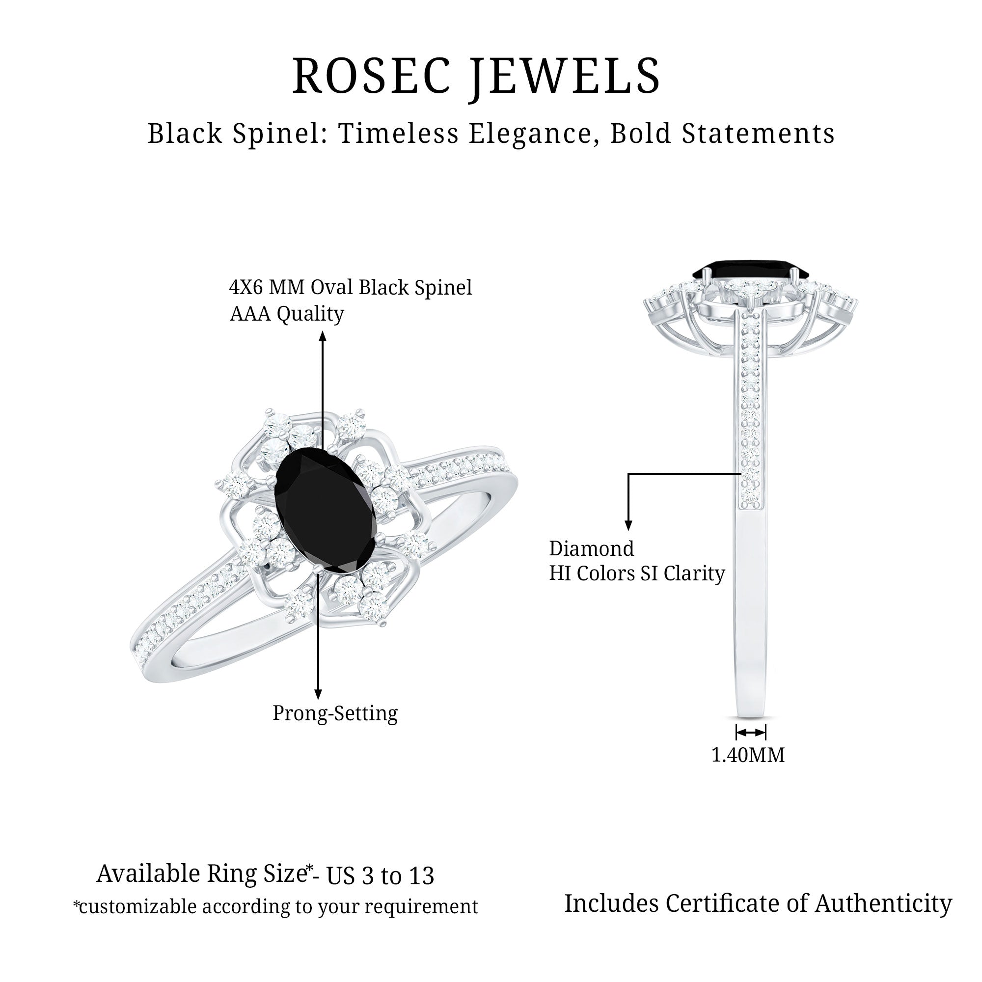 Vintage Looking Black Spinel Oval Engagement Ring with Diamond