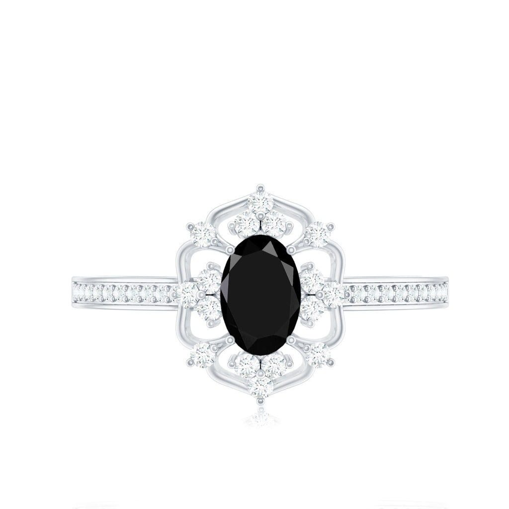 Vintage Looking Black Spinel Oval Engagement Ring with Diamond