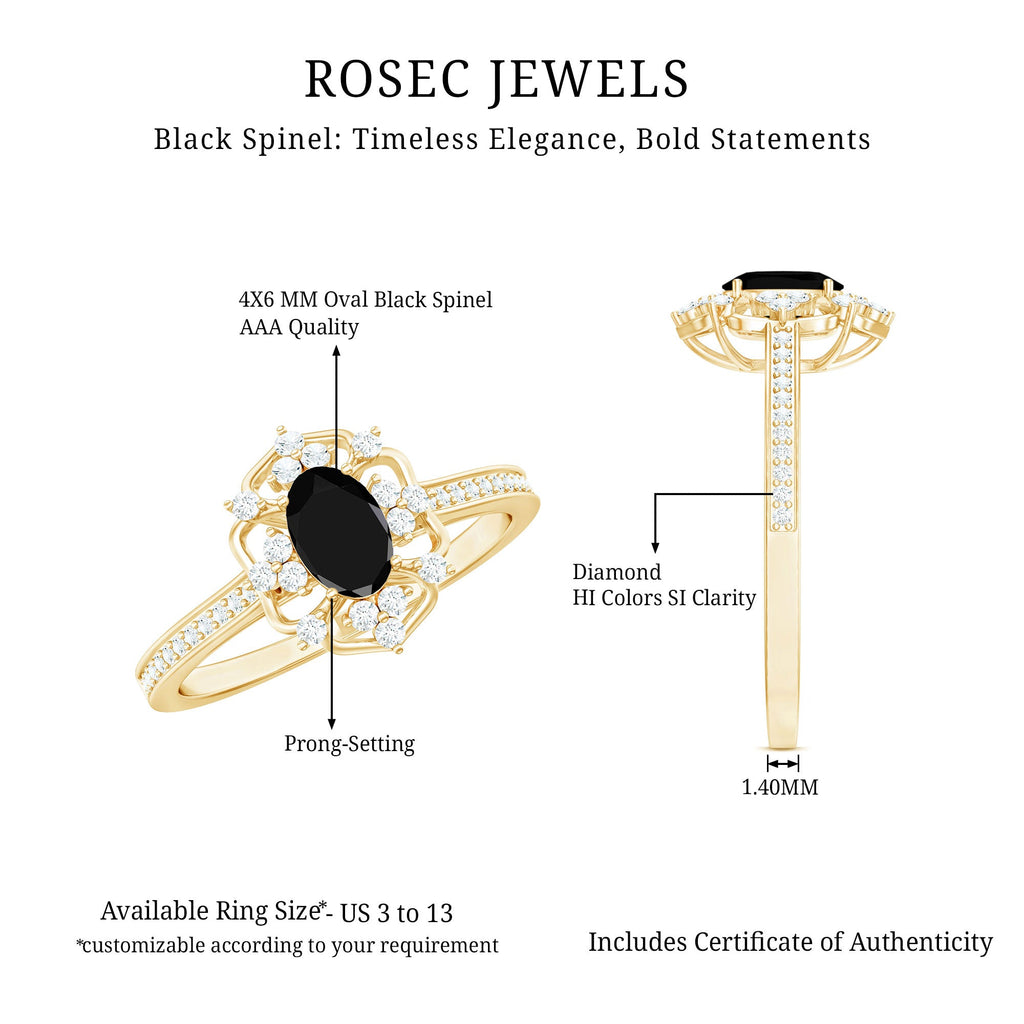 Vintage Looking Black Spinel Oval Engagement Ring with Diamond