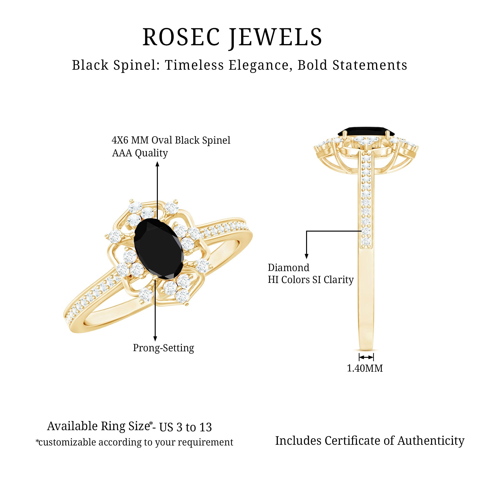 Vintage Looking Black Spinel Oval Engagement Ring with Diamond