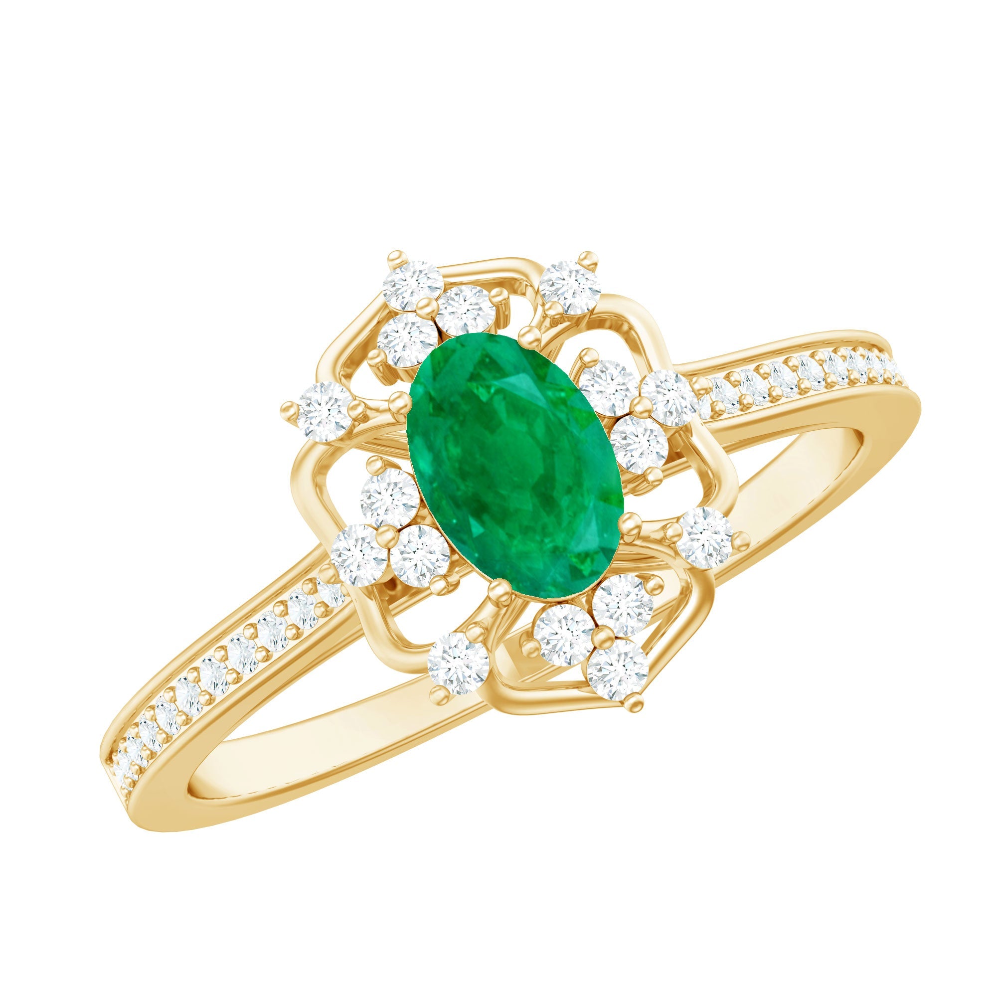 Emerald Engagement Ring - Vintage Oval Emerald Diamond Accent Prong Setting