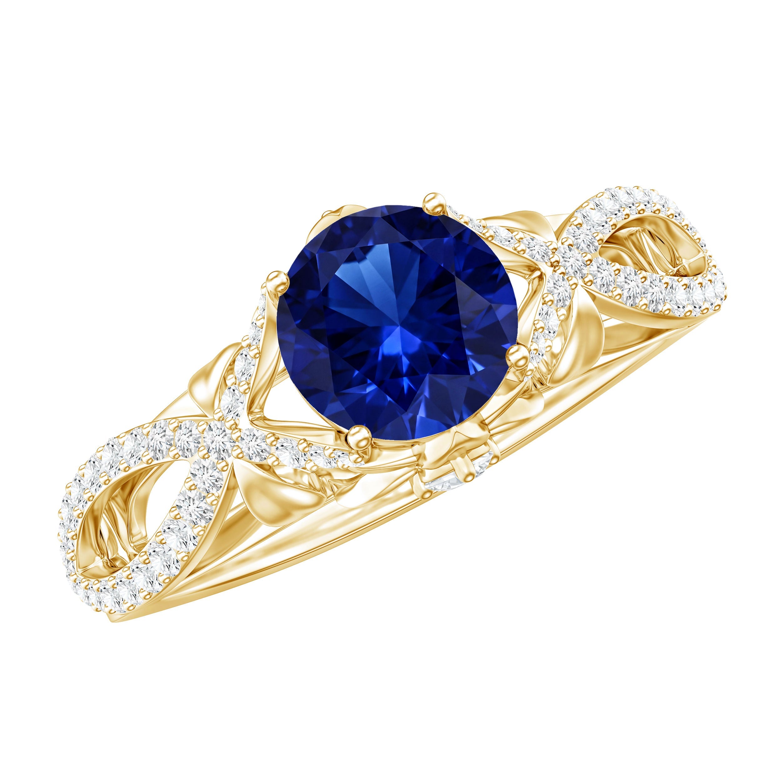1 Carat Lab Grown Blue Sapphire Engagement Ring with Diamond Crossover Shank