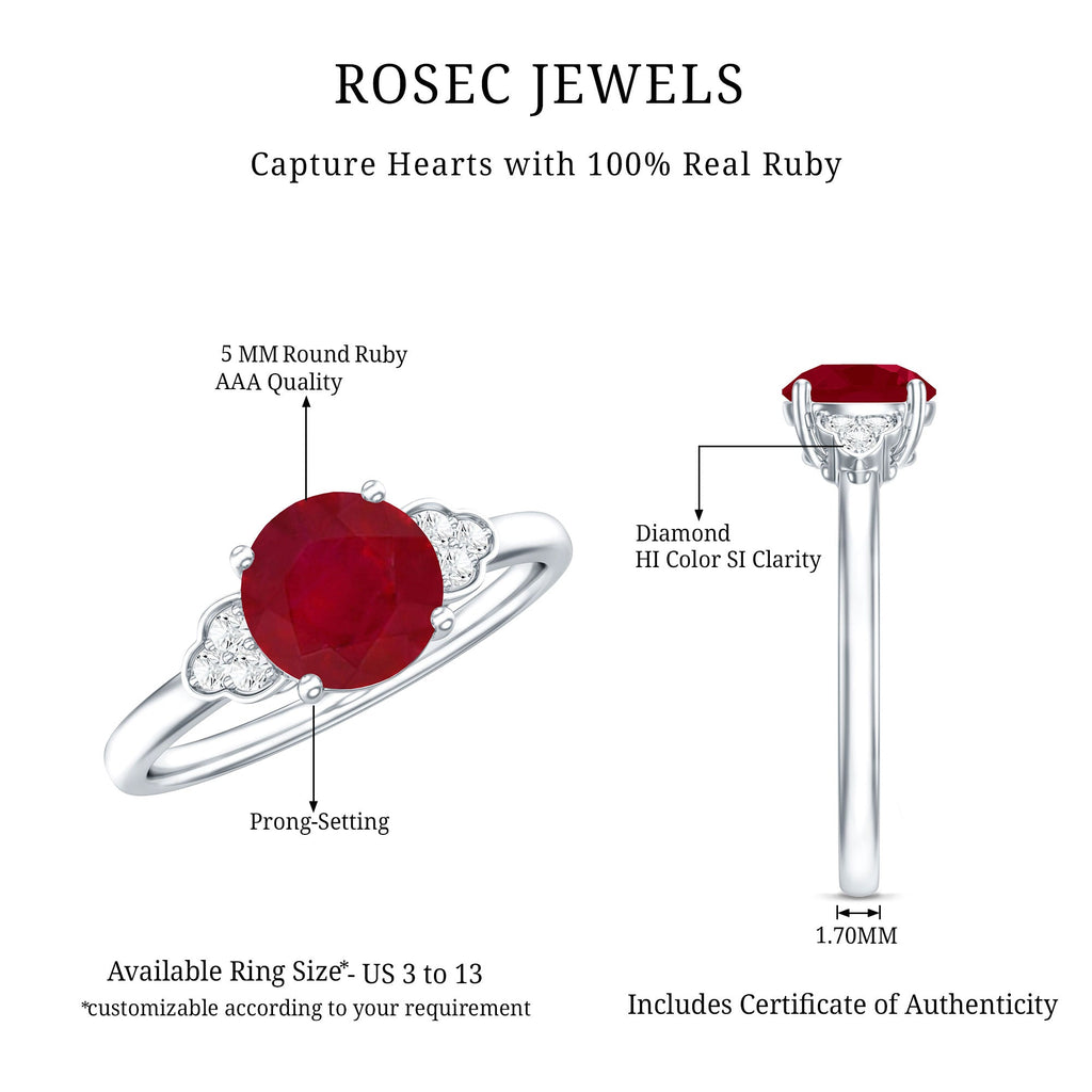 Ruby Promise Ring – AAA Quality Round Cut Ruby With Diamond Trio Accent