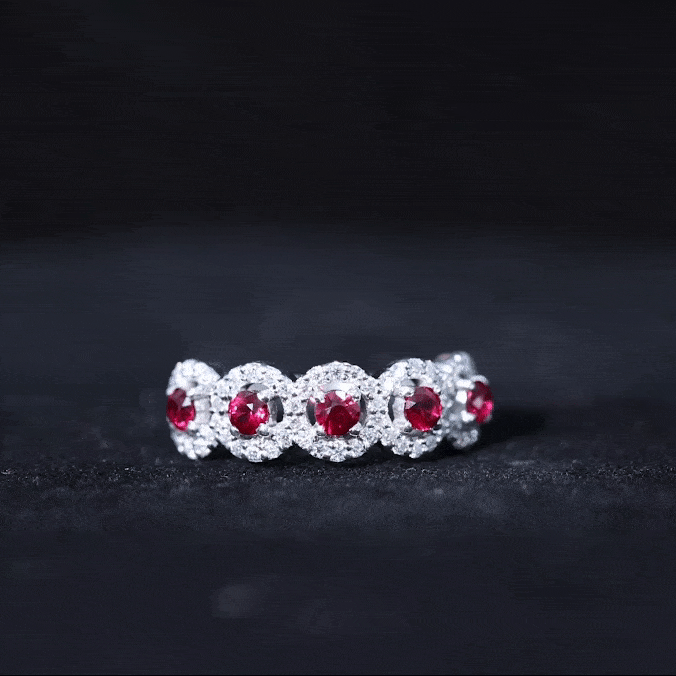 Lab Grown Ruby Ring – Classic Half Eternity Band with Diamond Halo Design
