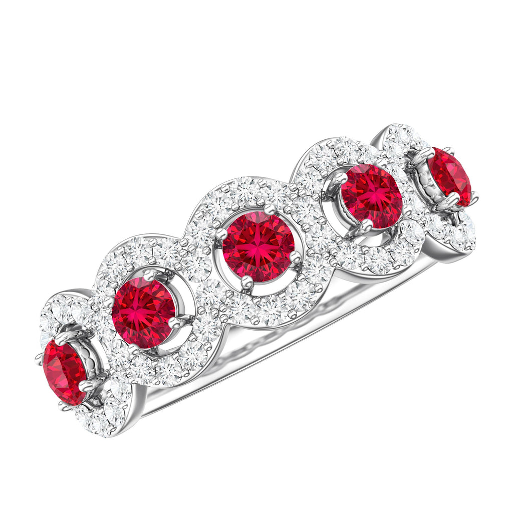 Lab Grown Ruby Ring – Classic Half Eternity Band with Diamond Halo Design