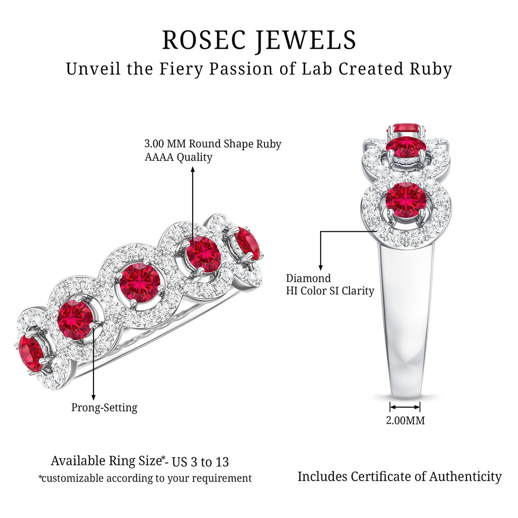Lab Grown Ruby Ring – Classic Half Eternity Band with Diamond Halo Design
