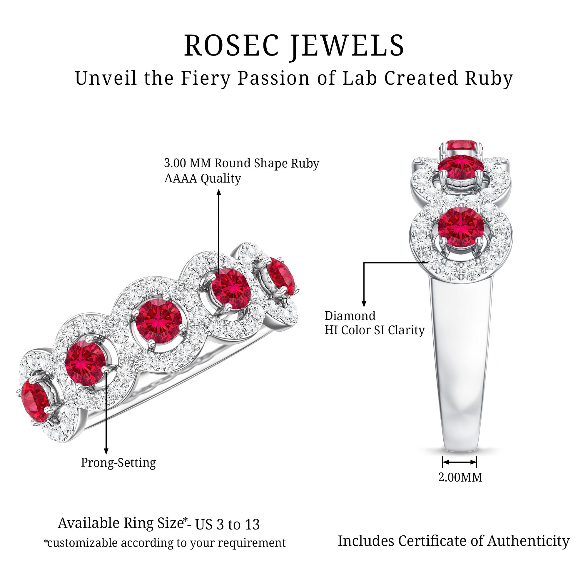 Lab Grown Ruby Ring – Classic Half Eternity Band with Diamond Halo Design