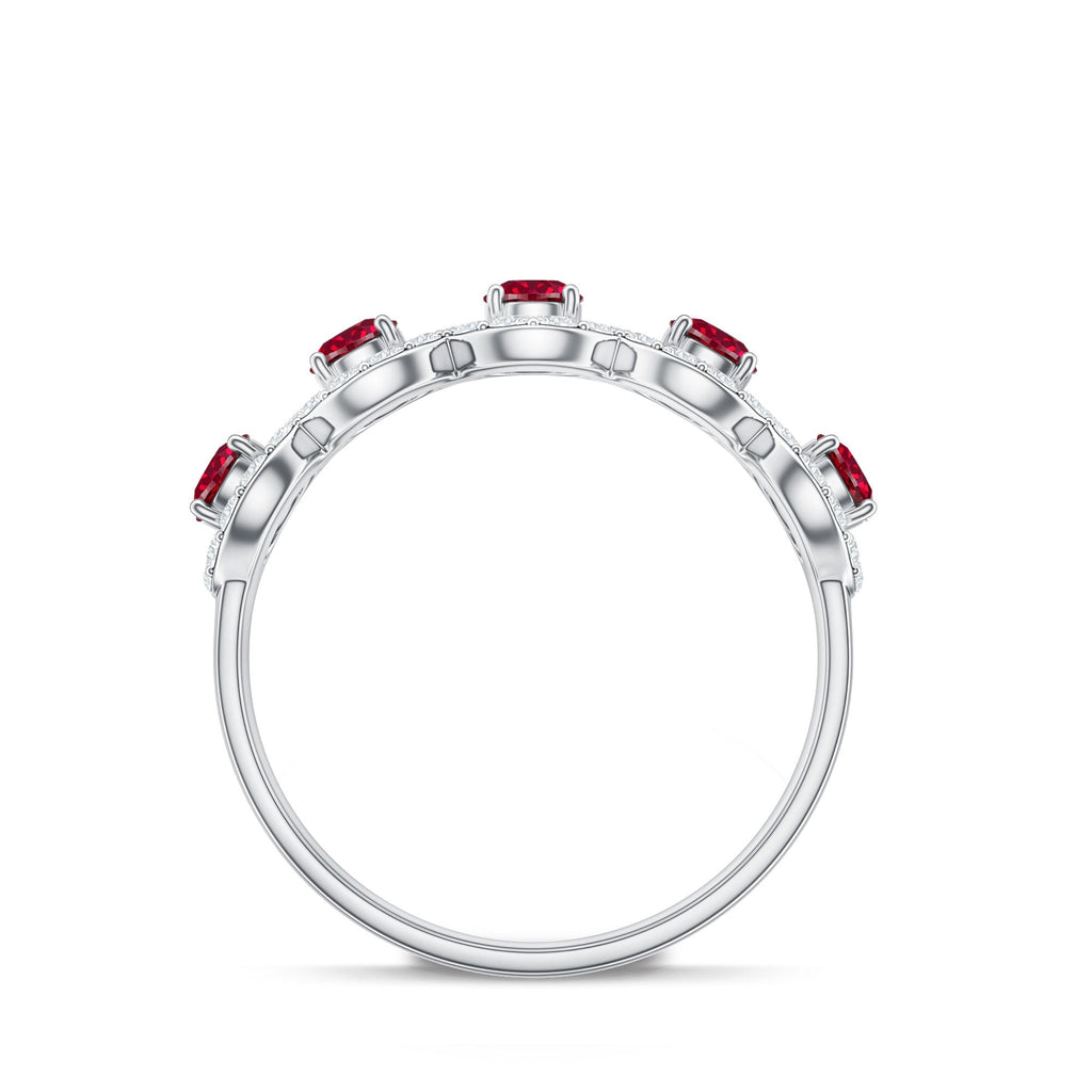 Lab Grown Ruby Ring – Classic Half Eternity Band with Diamond Halo Design