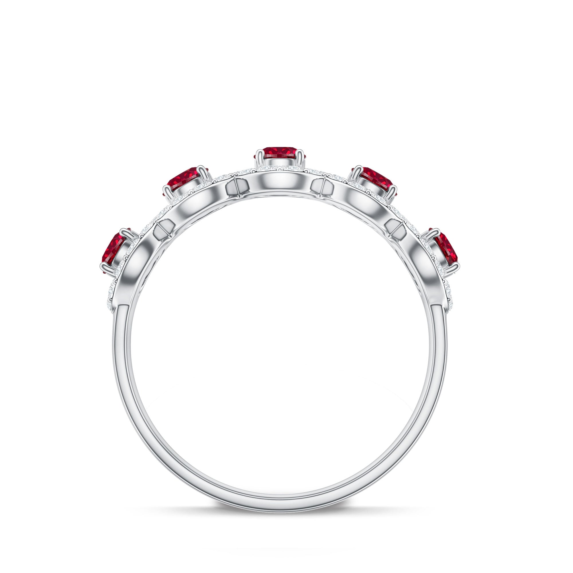 Lab Grown Ruby Ring – Classic Half Eternity Band with Diamond Halo Design