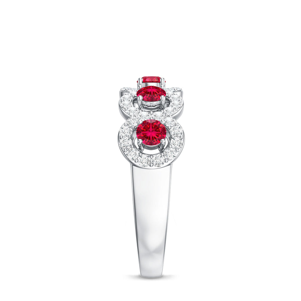 Lab Grown Ruby Ring – Classic Half Eternity Band with Diamond Halo Design
