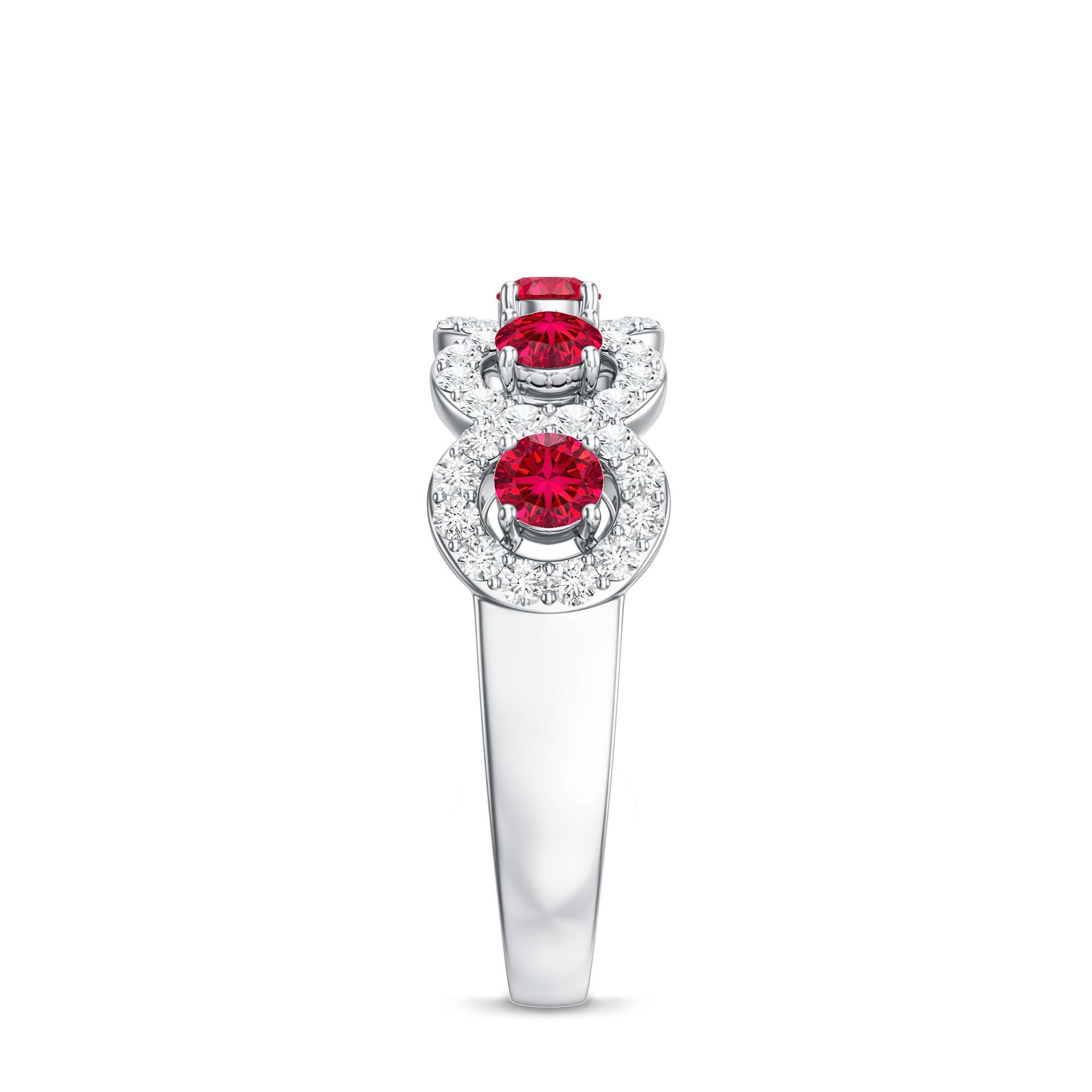Lab Grown Ruby Ring – Classic Half Eternity Band with Diamond Halo Design