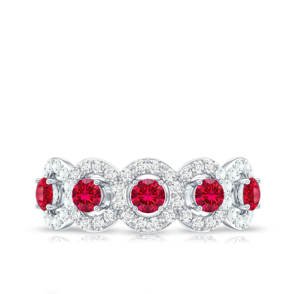 Lab Grown Ruby Ring – Classic Half Eternity Band with Diamond Halo Design