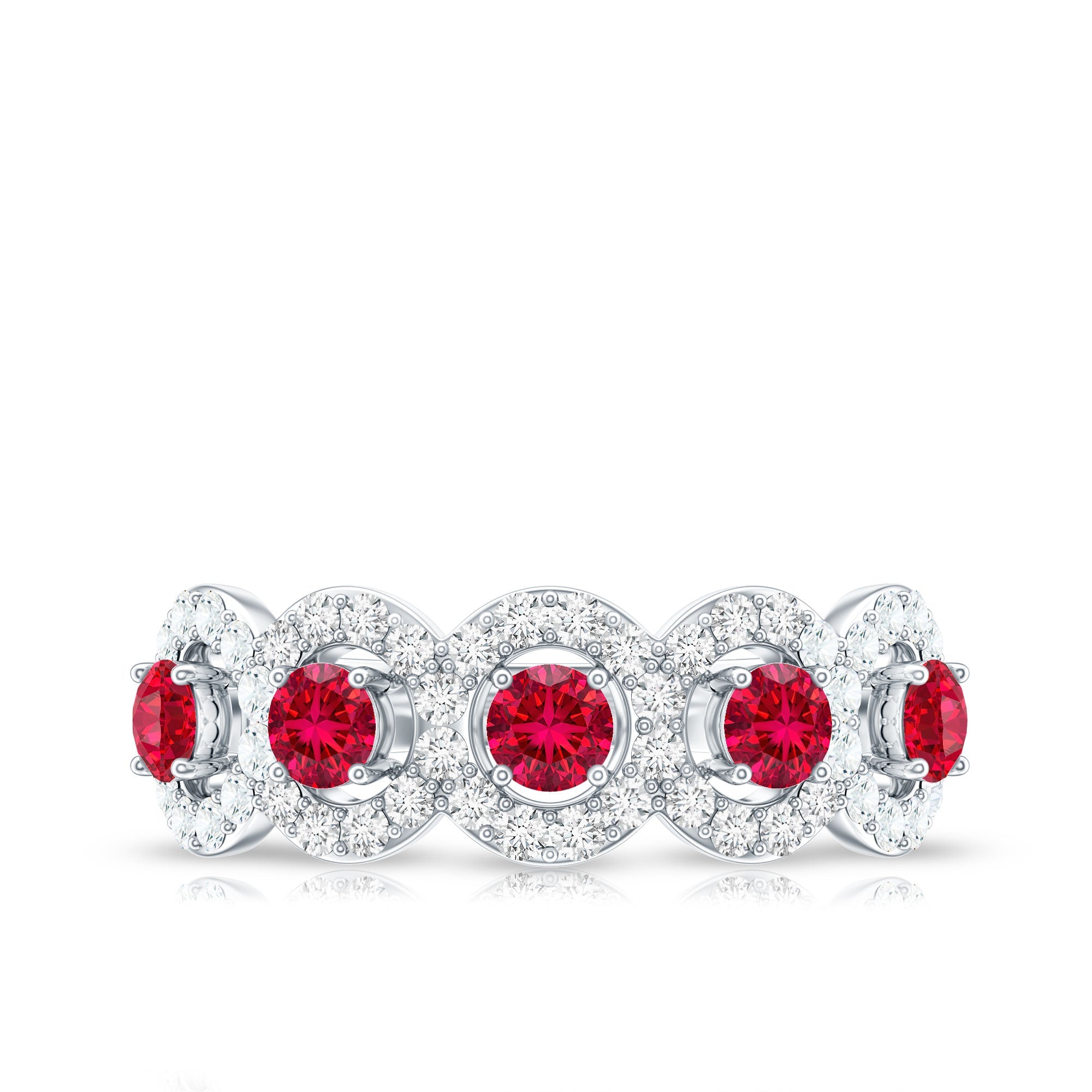 Lab Grown Ruby Ring – Classic Half Eternity Band with Diamond Halo Design