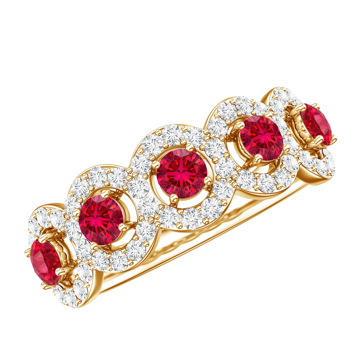 Lab Grown Ruby Ring – Classic Half Eternity Band with Diamond Halo Design