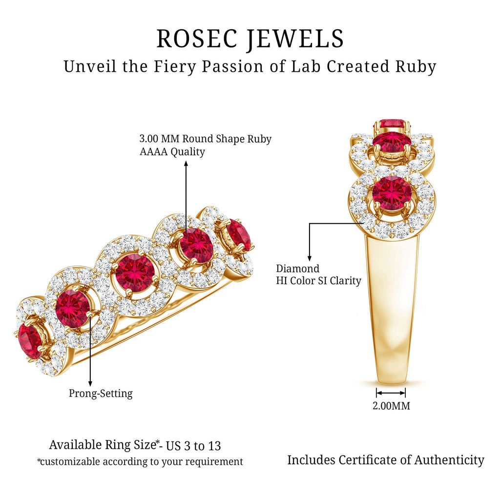 Lab Grown Ruby Ring – Classic Half Eternity Band with Diamond Halo Design