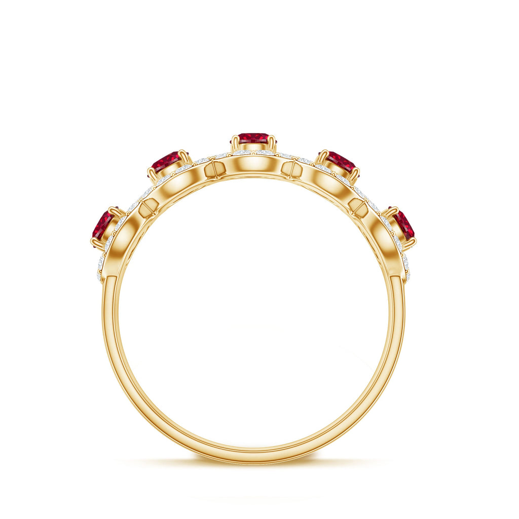 Lab Grown Ruby Ring – Classic Half Eternity Band with Diamond Halo Design
