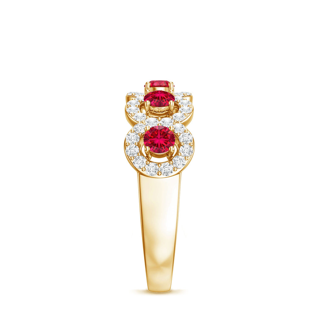 Lab Grown Ruby Ring – Classic Half Eternity Band with Diamond Halo Design