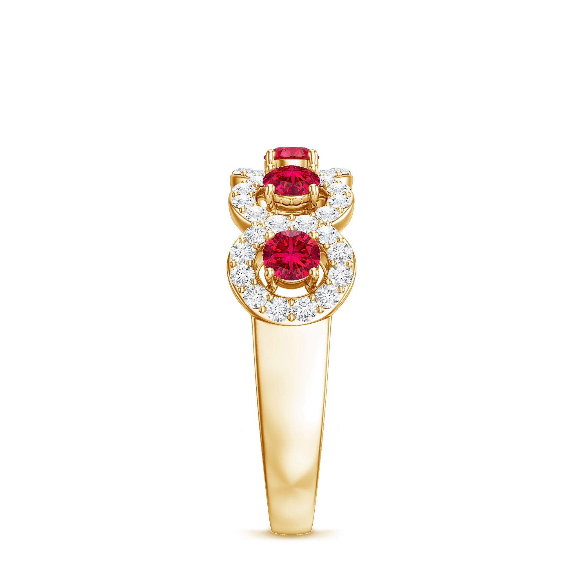Lab Grown Ruby Ring – Classic Half Eternity Band with Diamond Halo Design