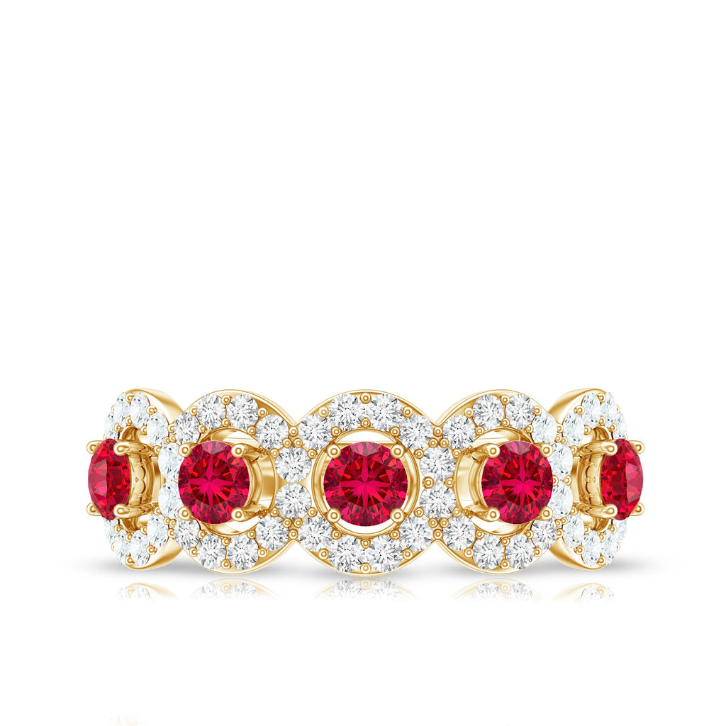 Lab Grown Ruby Ring – Classic Half Eternity Band with Diamond Halo Design