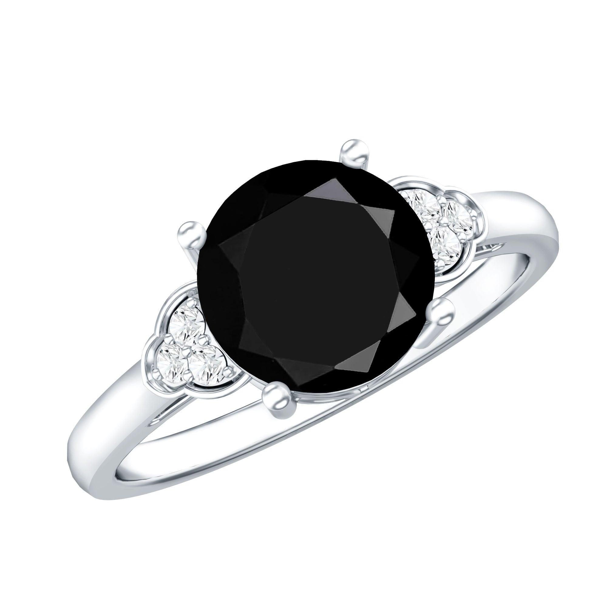 Real Black Onyx Solitaire Engagement Ring with Diamond Trio