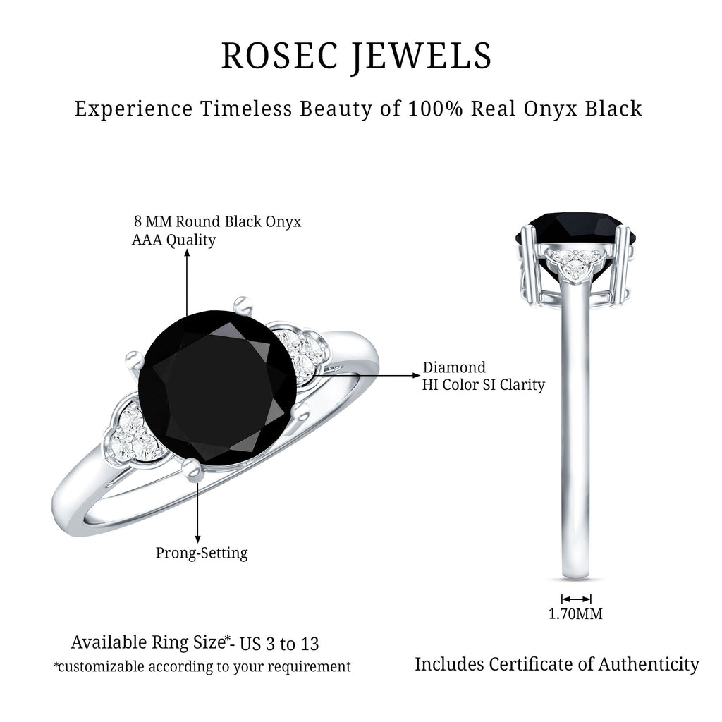 Real Black Onyx Solitaire Engagement Ring with Diamond Trio