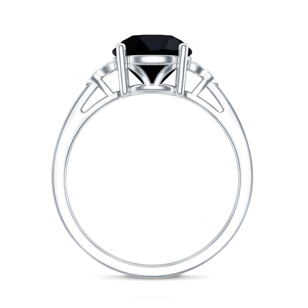 Real Black Onyx Solitaire Engagement Ring with Diamond Trio