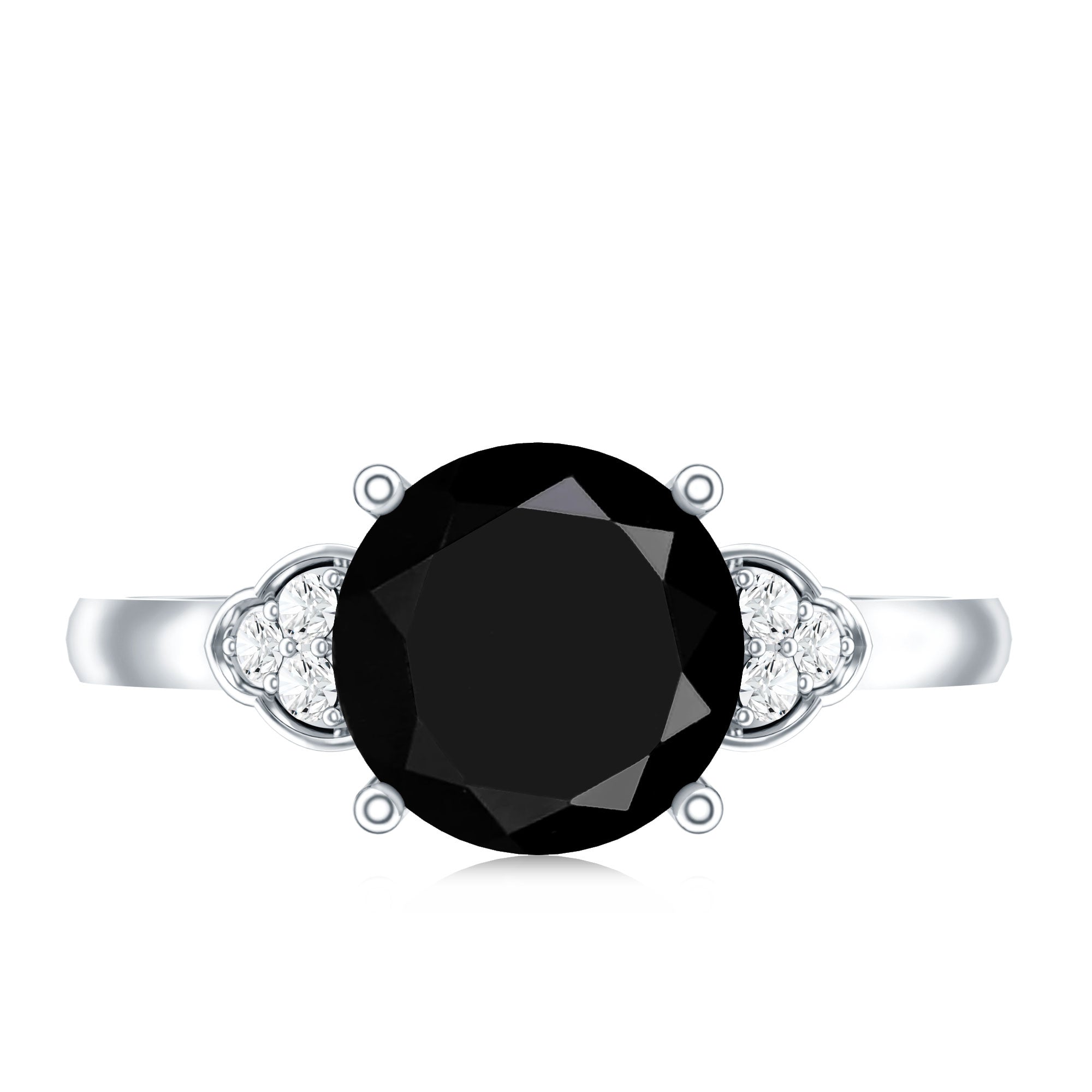 Real Black Onyx Solitaire Engagement Ring with Diamond Trio
