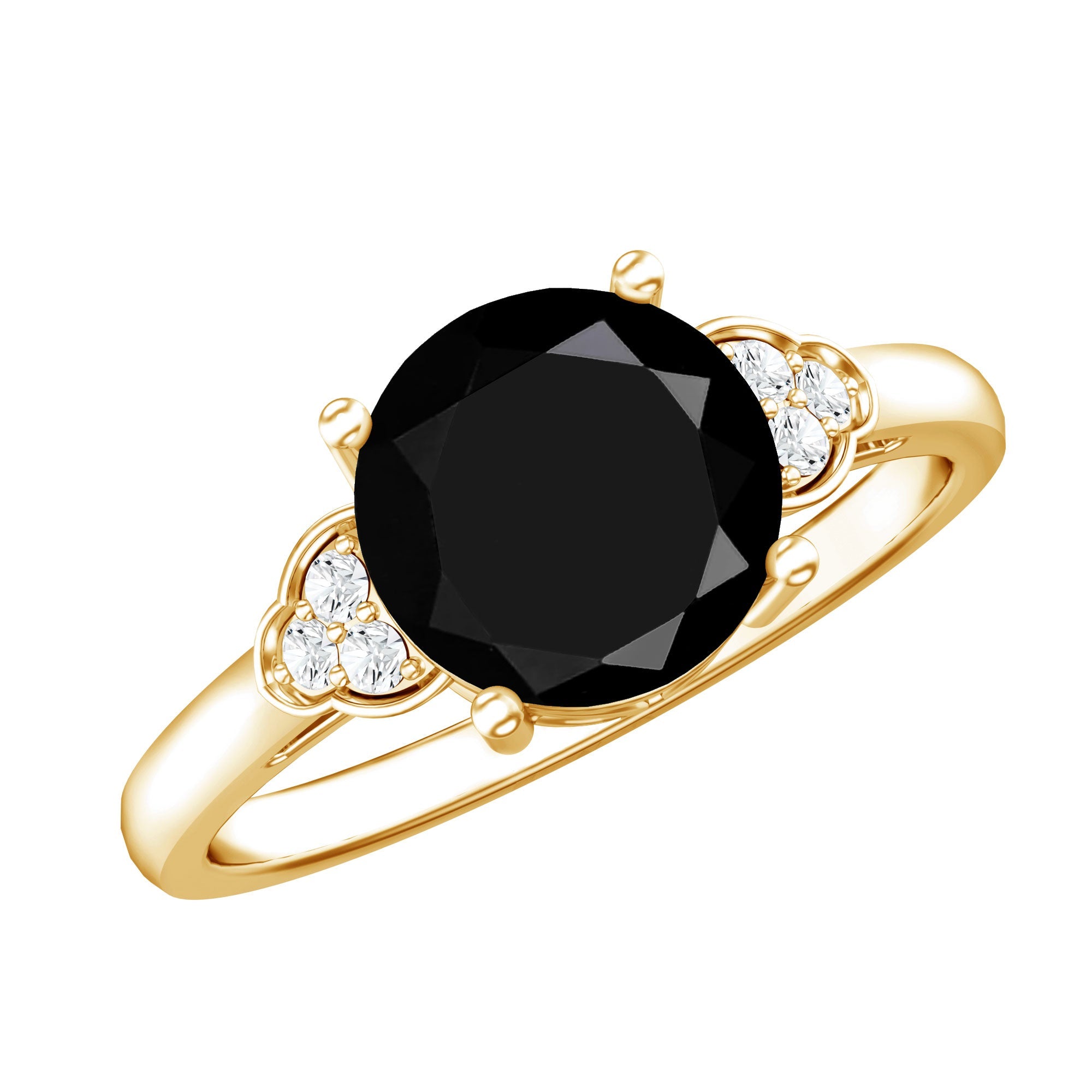 Real Black Onyx Solitaire Engagement Ring with Diamond Trio