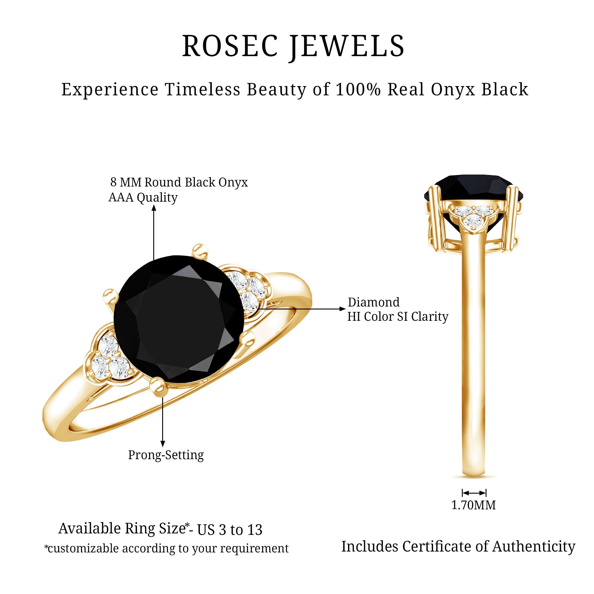 Real Black Onyx Solitaire Engagement Ring with Diamond Trio