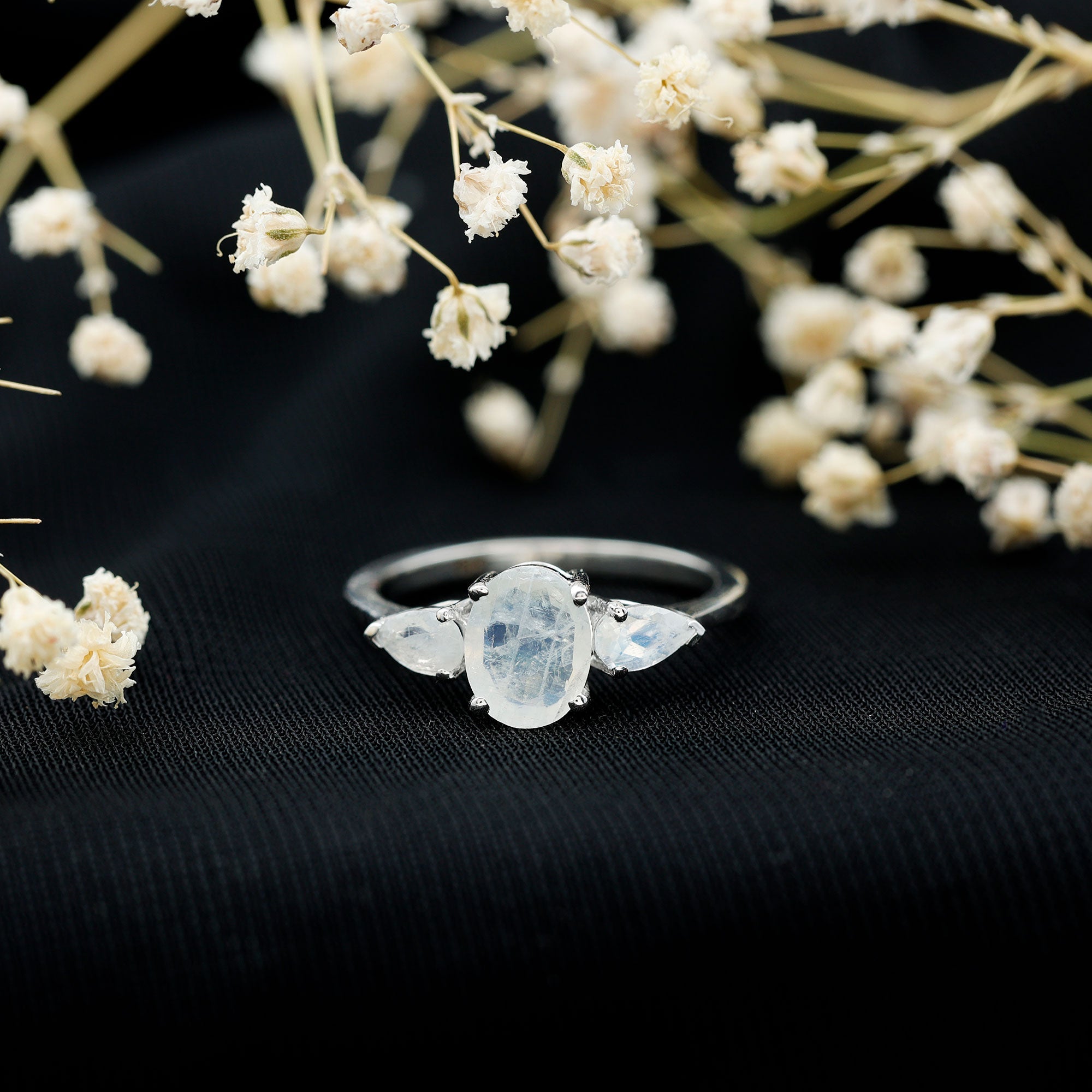 Natural Moonstone Three Stone Engagement Ring