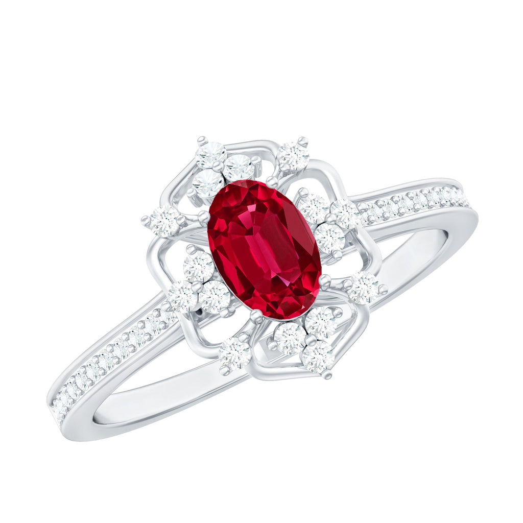 Lab Created Ruby Ring – Vintage Engagement Band With Diamond Accent Prong Setting
