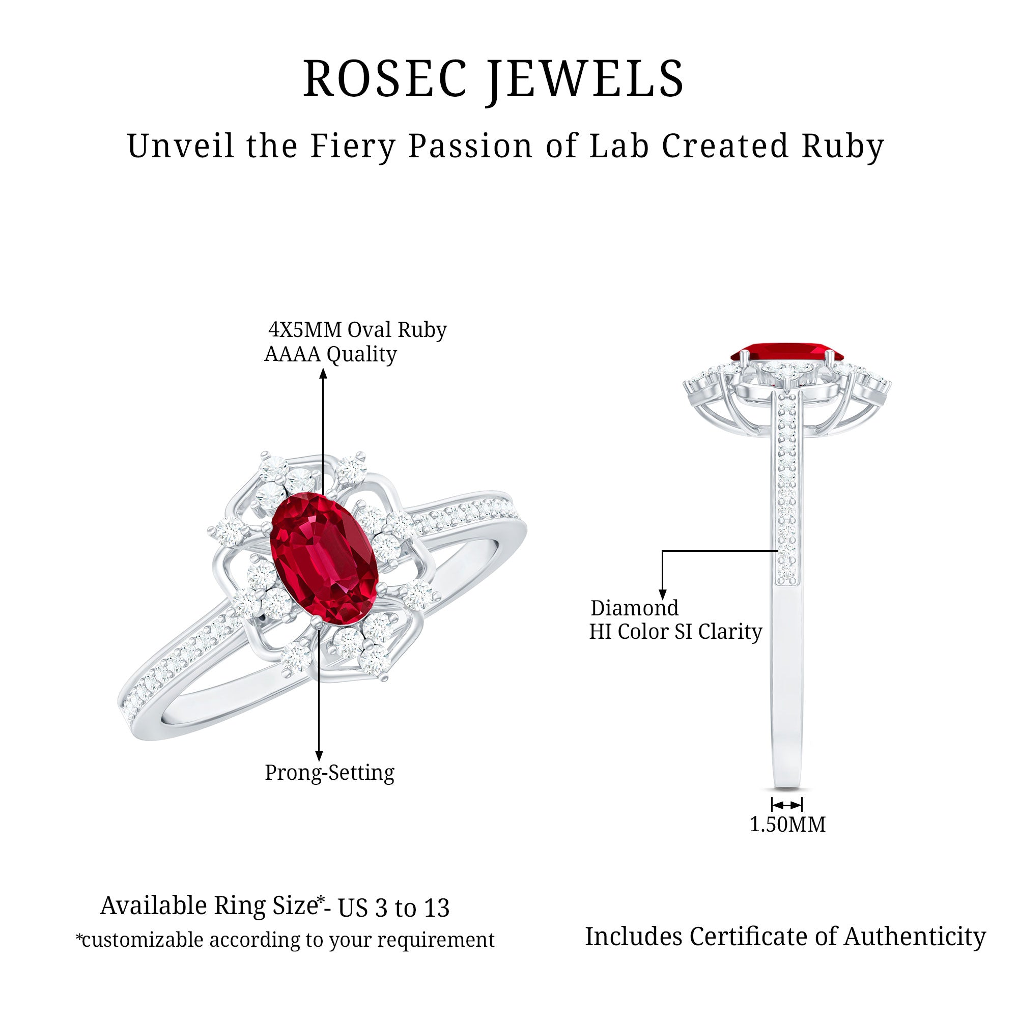 Lab Created Ruby Ring – Vintage Engagement Band With Diamond Accent Prong Setting