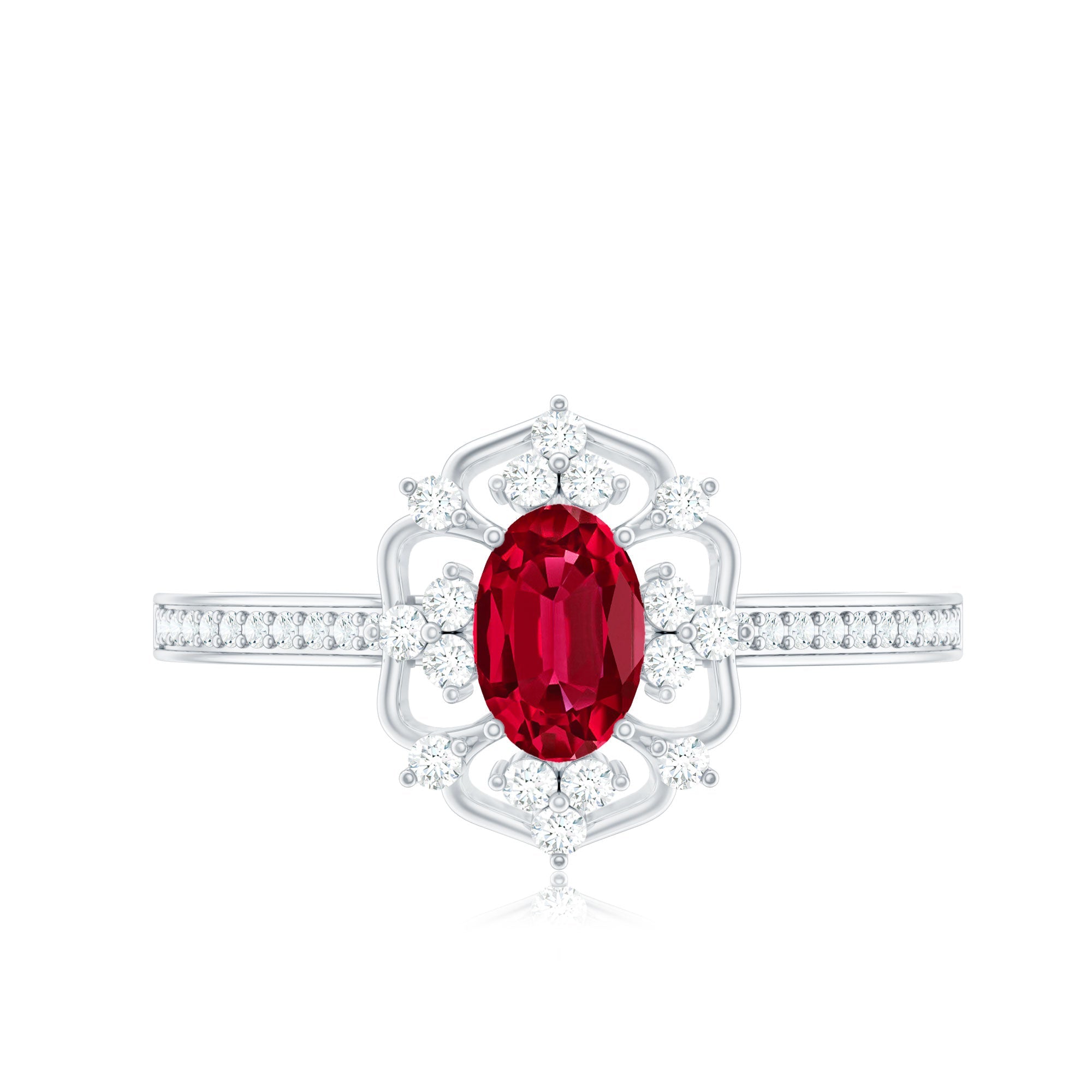 Lab Created Ruby Ring – Vintage Engagement Band With Diamond Accent Prong Setting