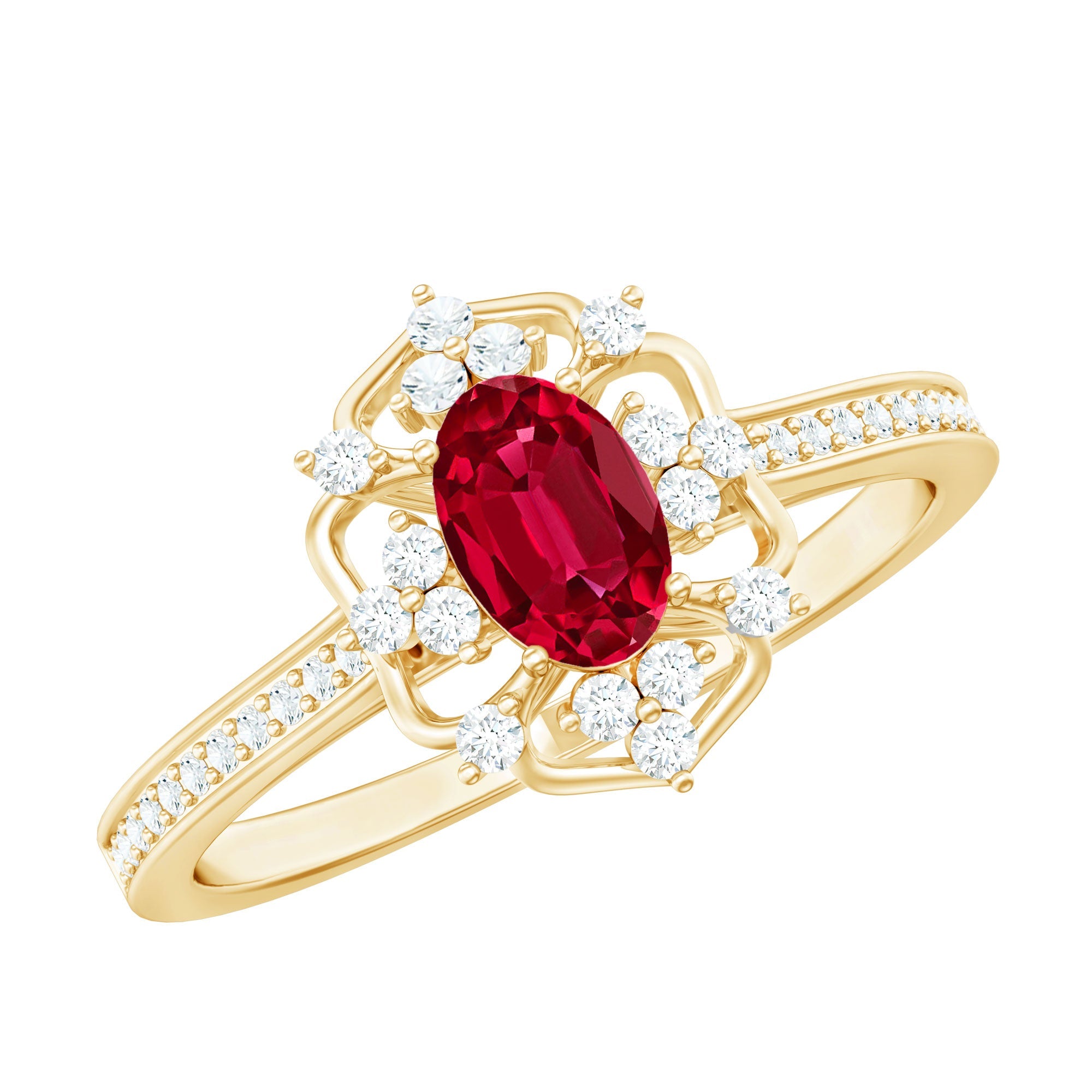 Lab Created Ruby Ring – Vintage Engagement Band With Diamond Accent Prong Setting