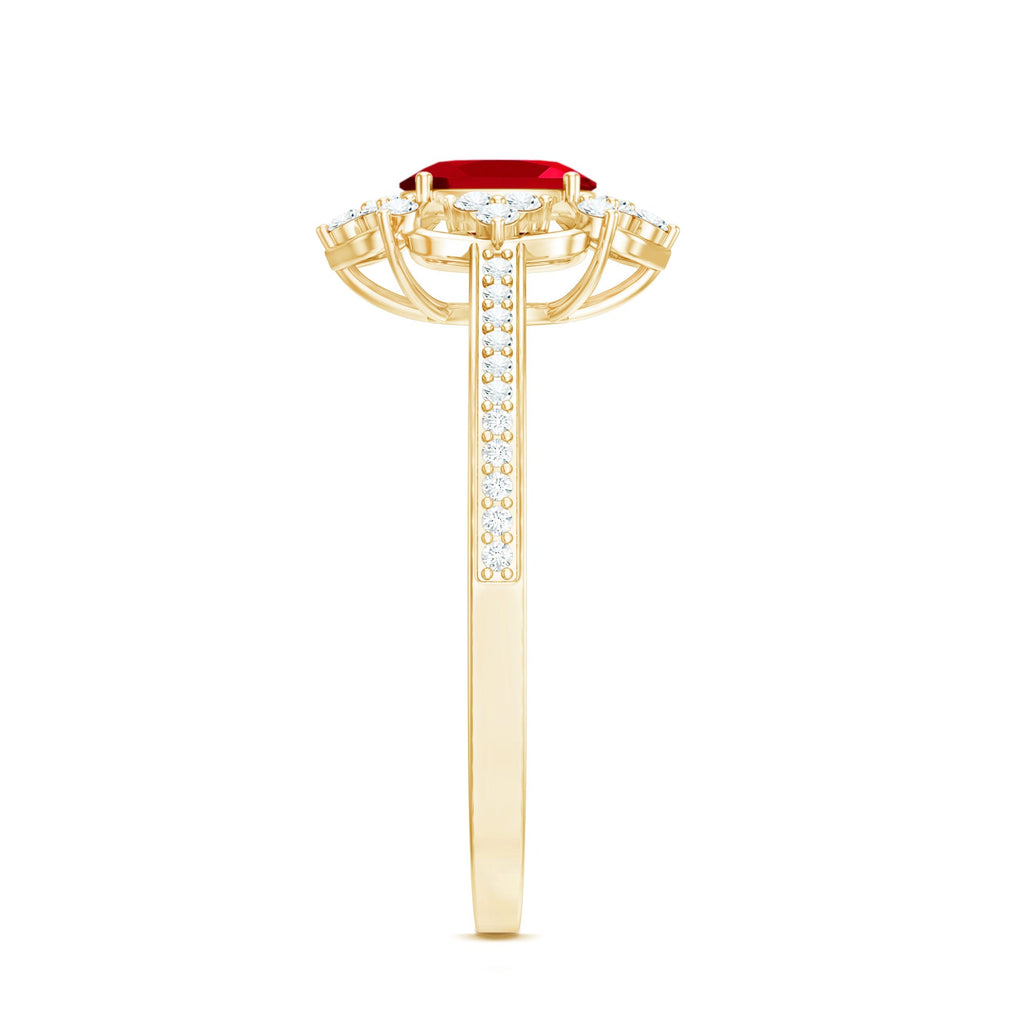 Lab Created Ruby Ring – Vintage Engagement Band With Diamond Accent Prong Setting