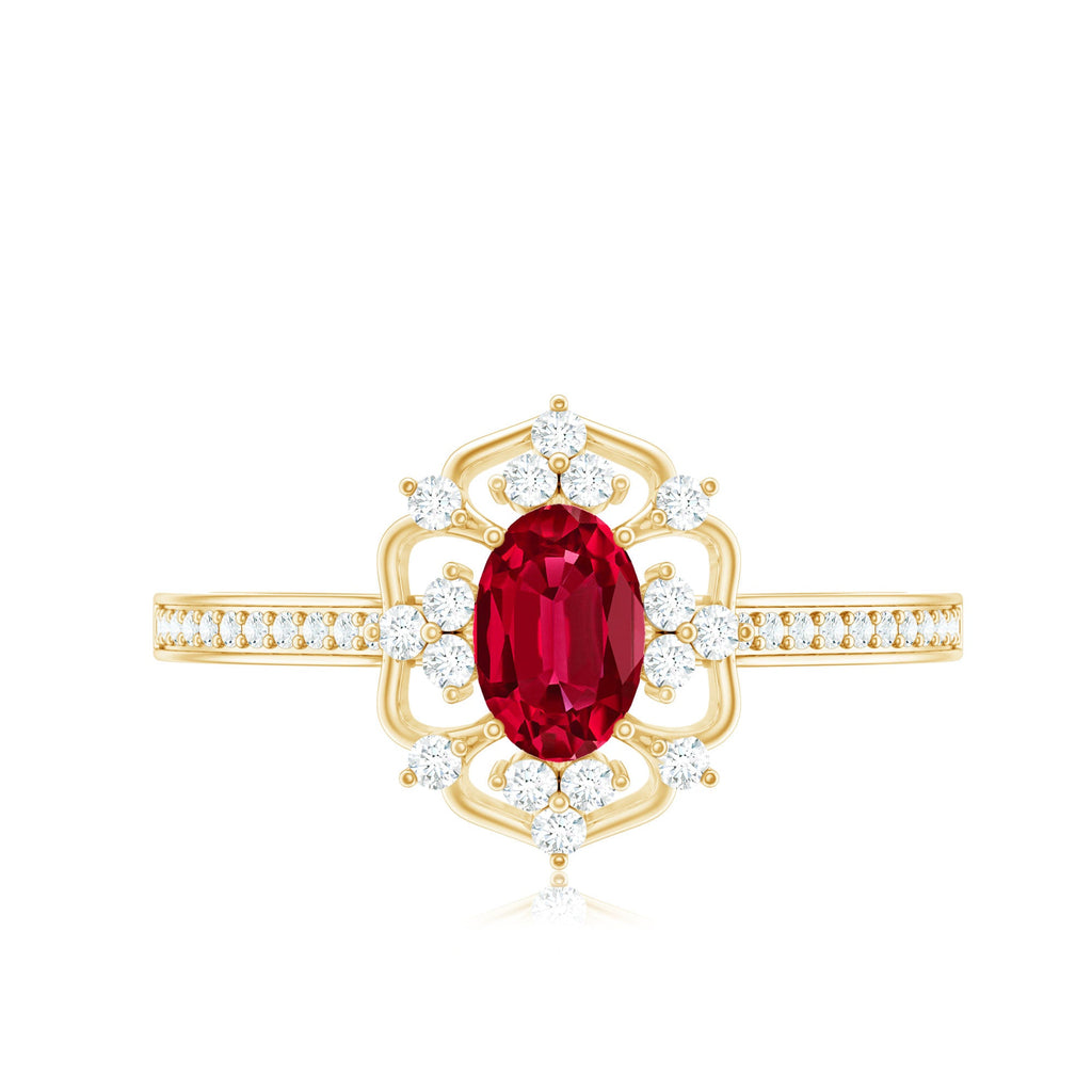Lab Created Ruby Ring – Vintage Engagement Band With Diamond Accent Prong Setting