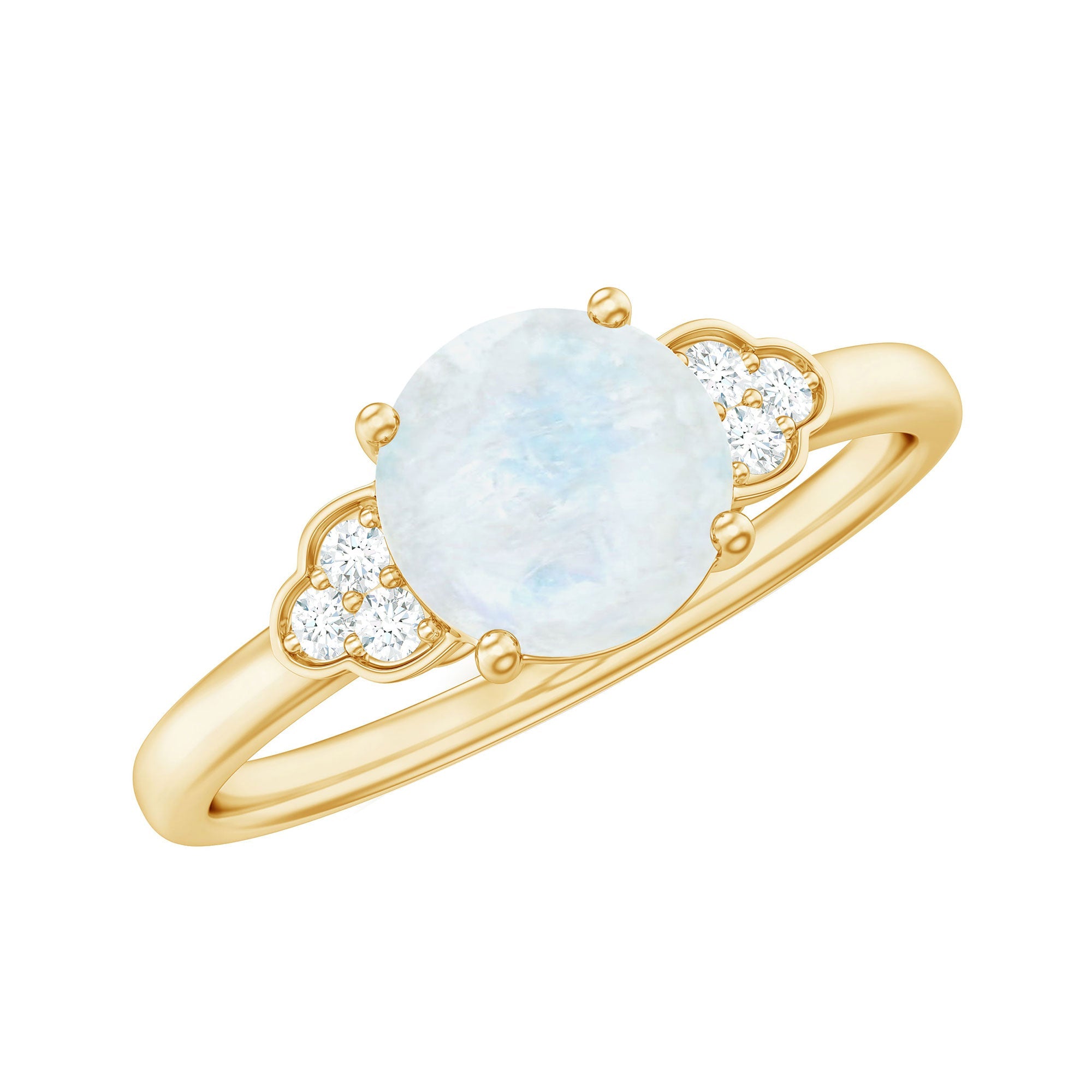 Moonstone Engagement Ring – Solitaire Blue Gemstone With Diamond Trio In Gold