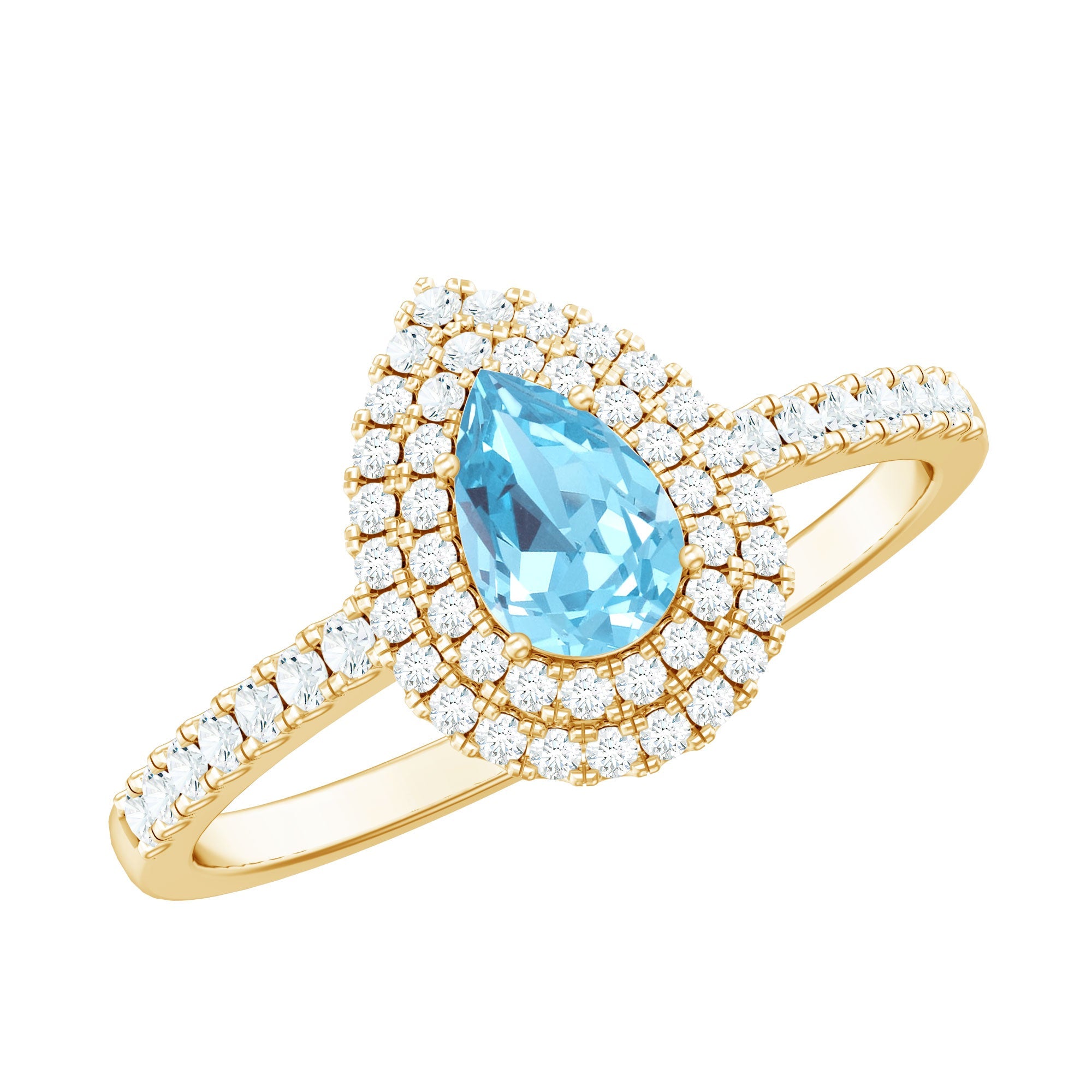 Aquamarine Engagement Ring – Pear Cut Aquamarine with Double Halo Diamond Design