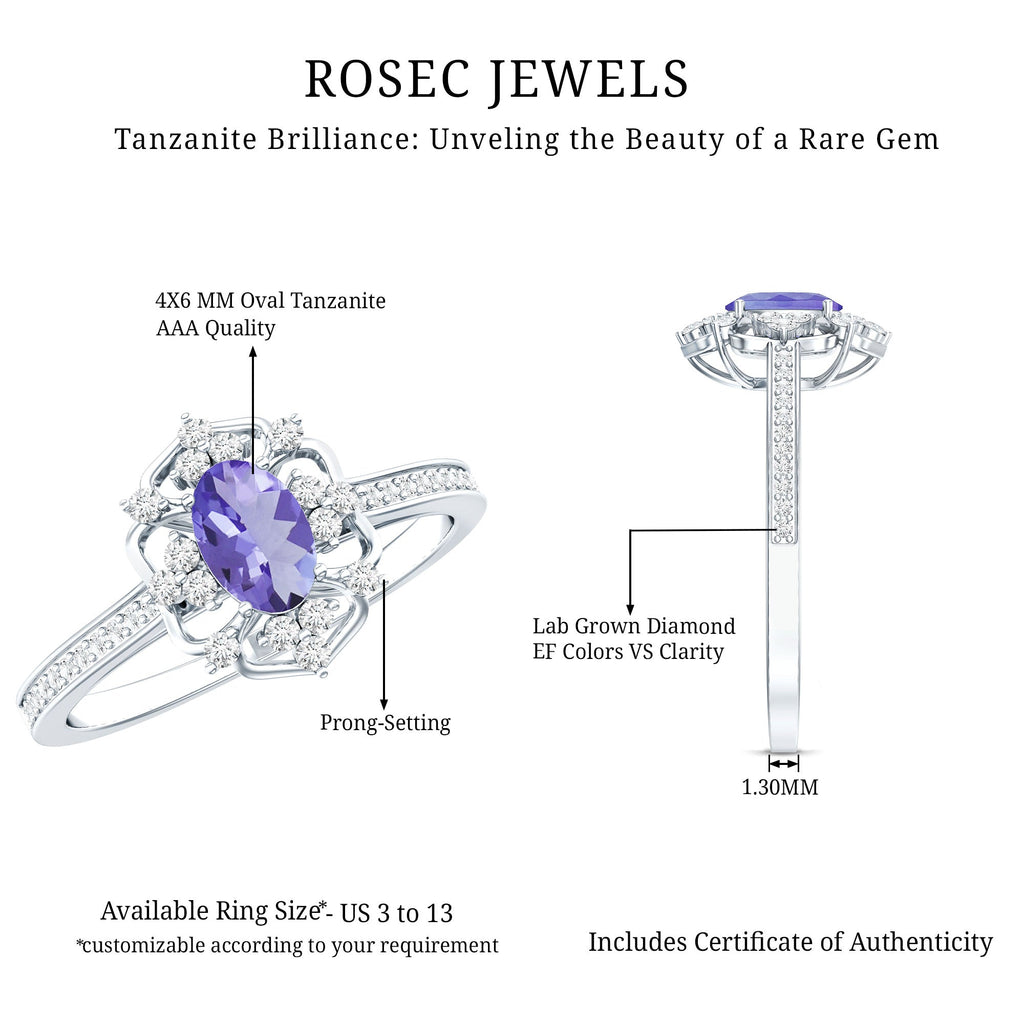 Vintage Tanzanite Ring – Oval Engagement Band with Lab Grown Diamonds & Prong Setting