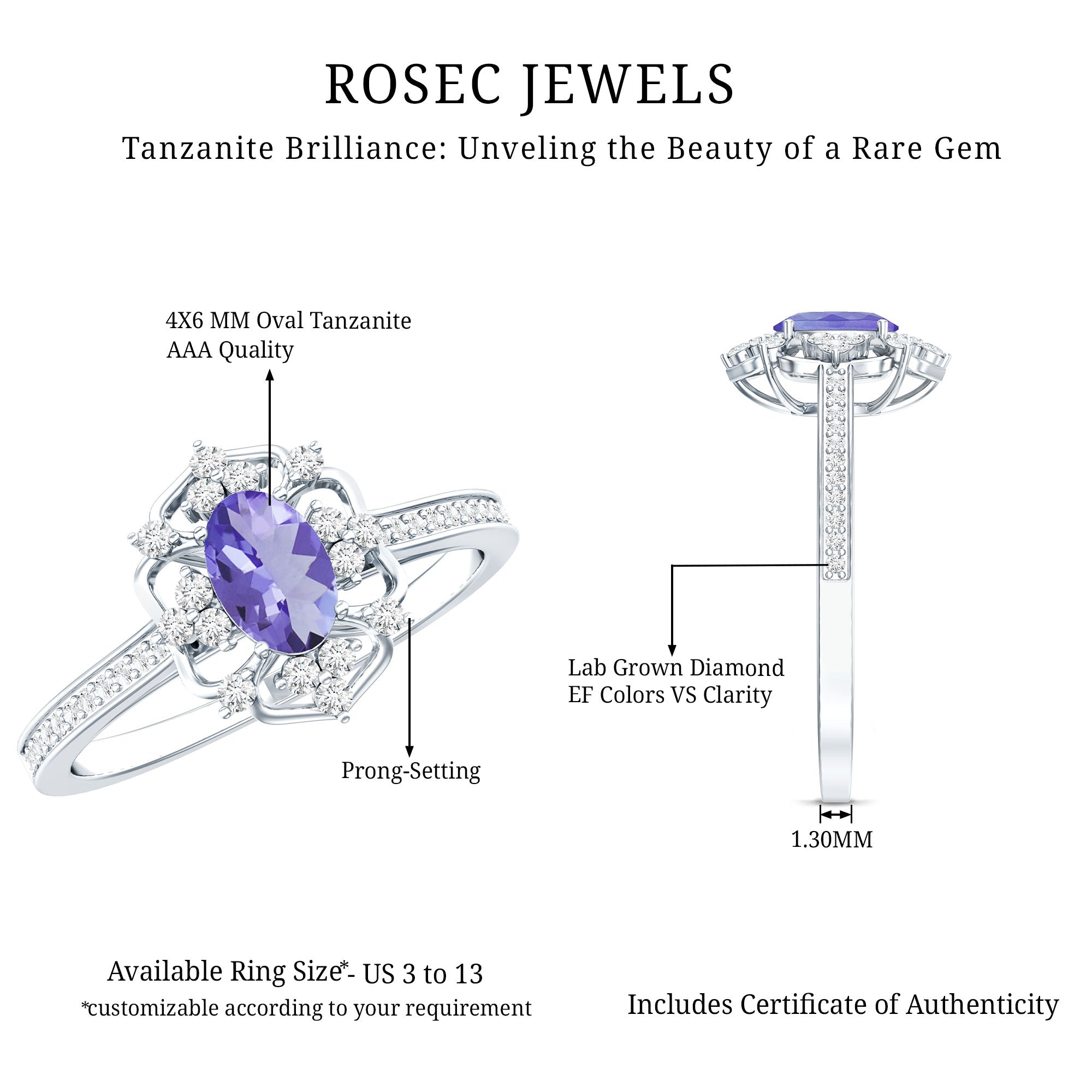 Vintage Tanzanite Ring – Oval Engagement Band with Lab Grown Diamonds & Prong Setting