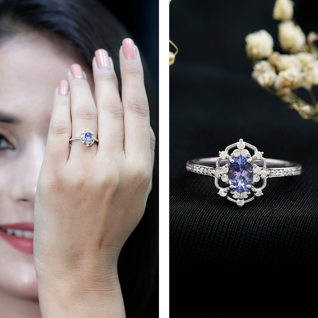 Vintage Tanzanite Ring – Oval Engagement Band with Lab Grown Diamonds & Prong Setting