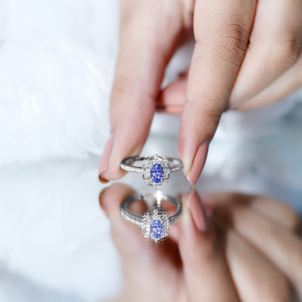 Vintage Tanzanite Ring – Oval Engagement Band with Lab Grown Diamonds & Prong Setting
