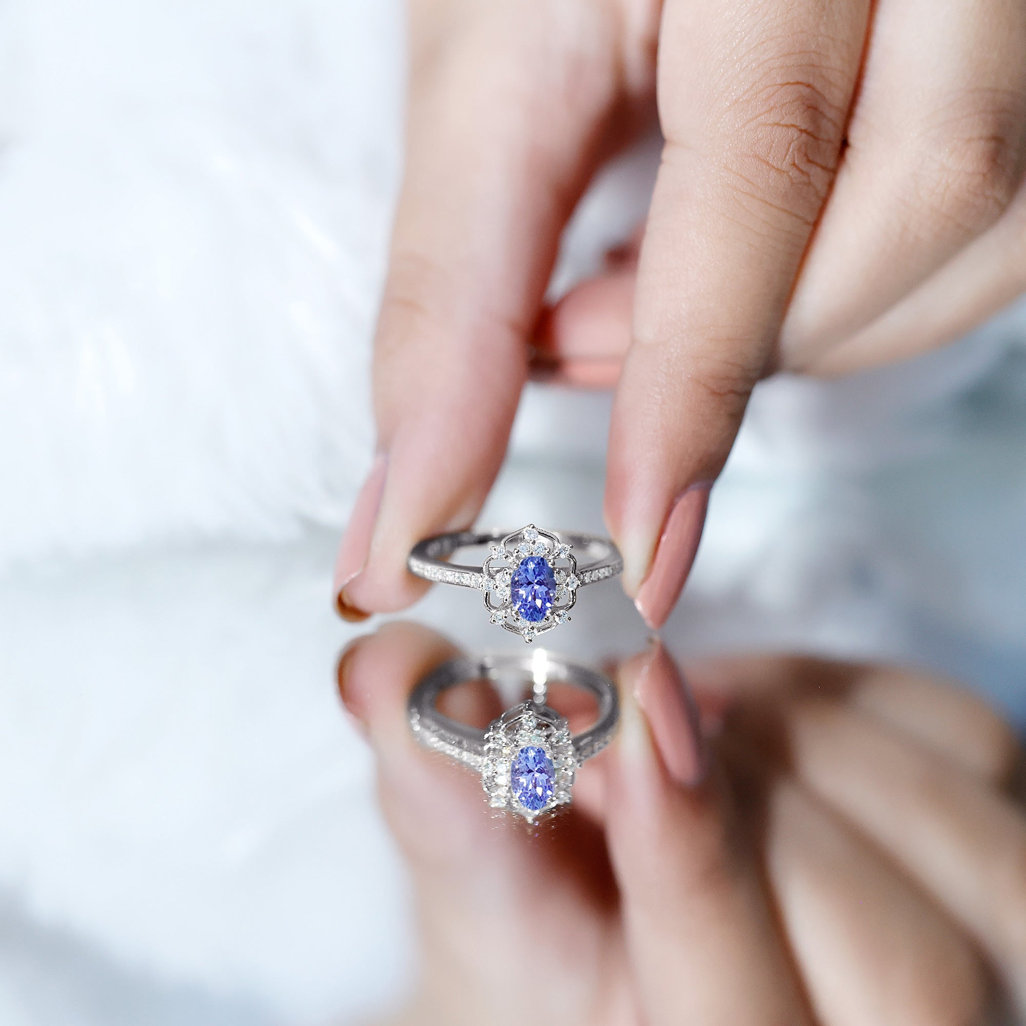 Vintage Tanzanite Ring – Oval Engagement Band with Lab Grown Diamonds & Prong Setting
